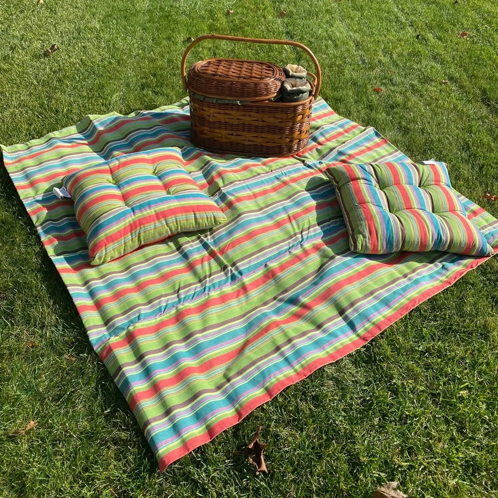 NWT Crate&Barrel set 2 cushions/coated picnic blanket green/red Hutton Stripe - Picture 1 of 11